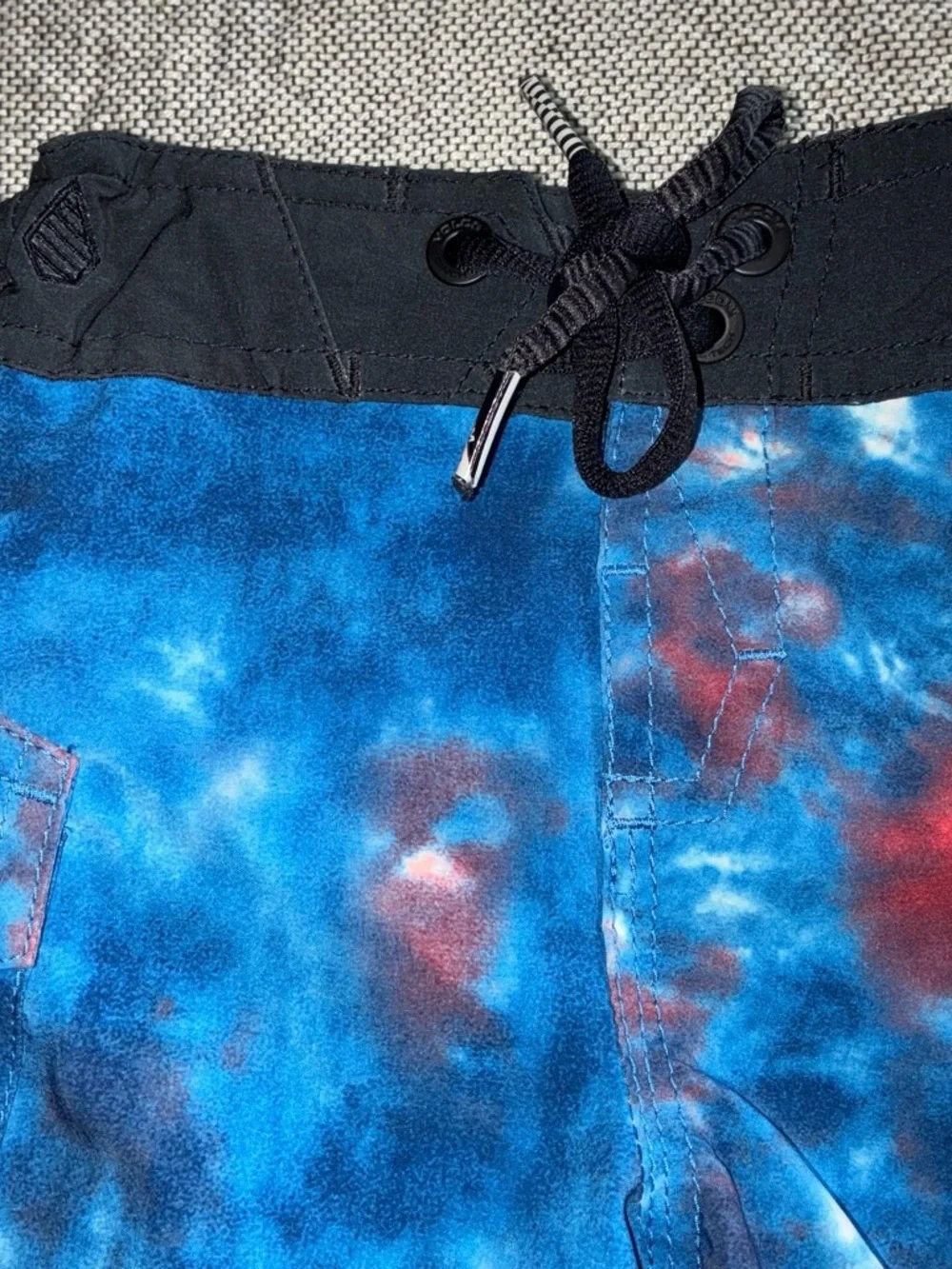 Toddler Tie-Dye Blue & Red Swim Trunks with Black Waistband